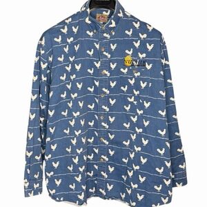 Vtg Barn Fly Men L Chicken Allover Print Long Sleeve Button Shirt Western Farm